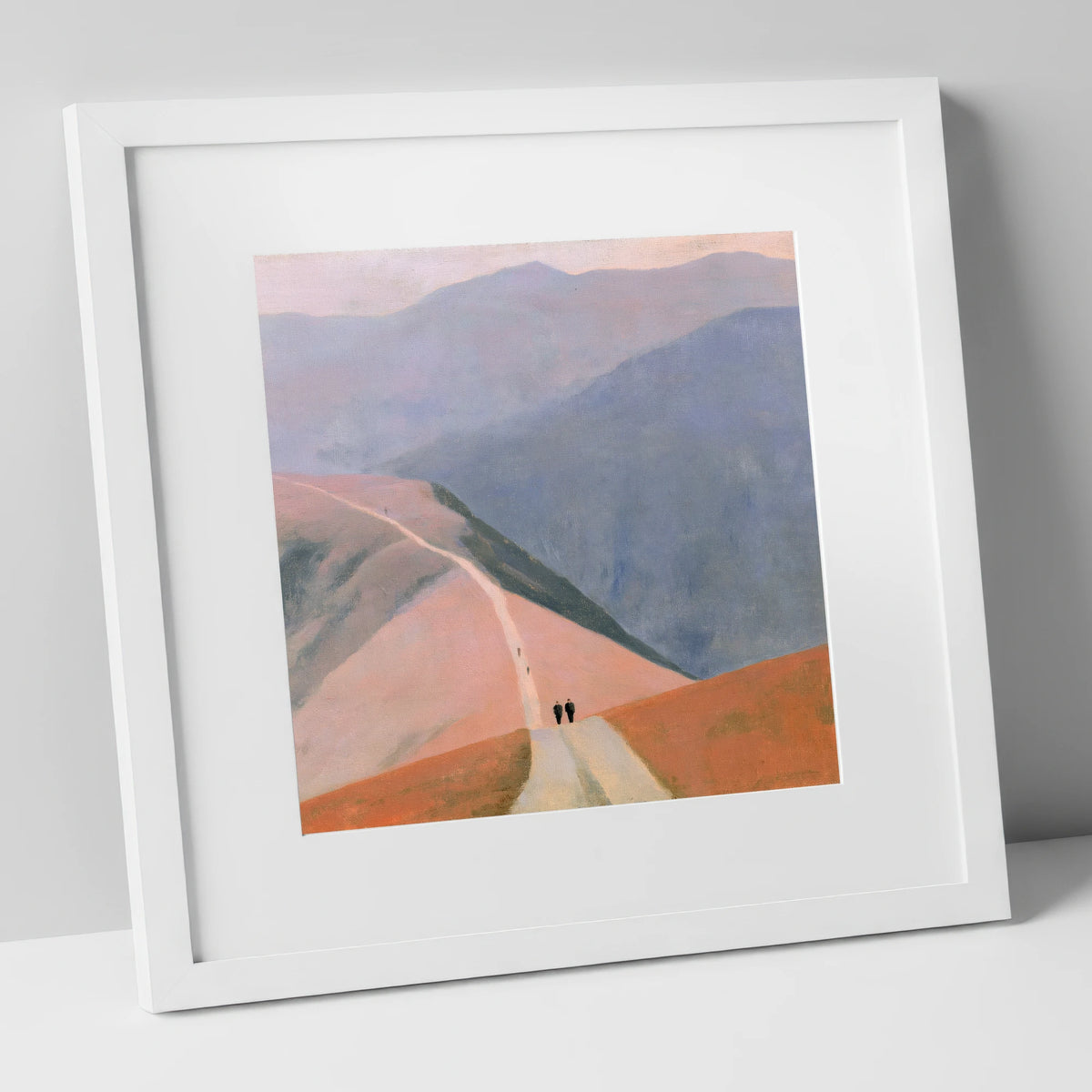 Walkers on a Pastel Mountain Path lake district walking art print in white frame