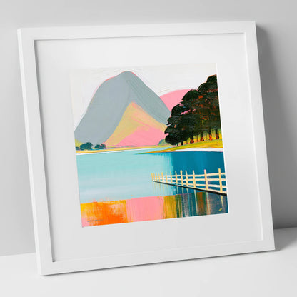 Vibrant Buttermere and White Fence lake district lake art print in white frame