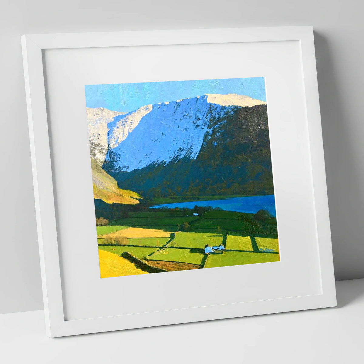 Sunlit Fields Below High Hartsop Dodd lake district fell art print in white frame