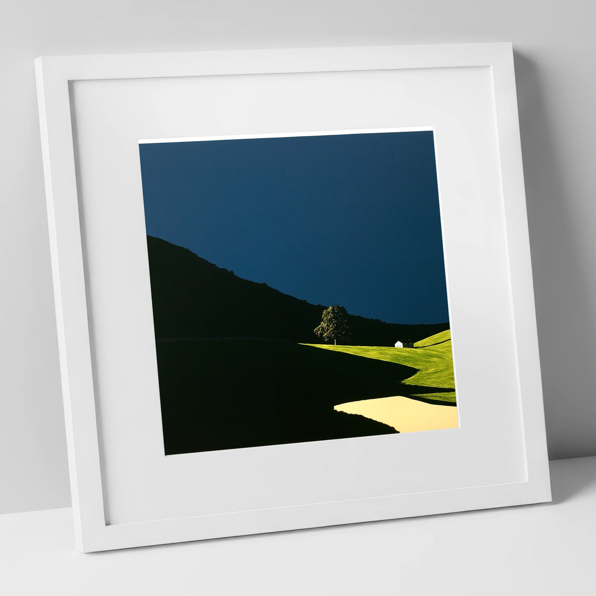 Sunlit Tree and Shadowed Fell lake district sky art print in white frame