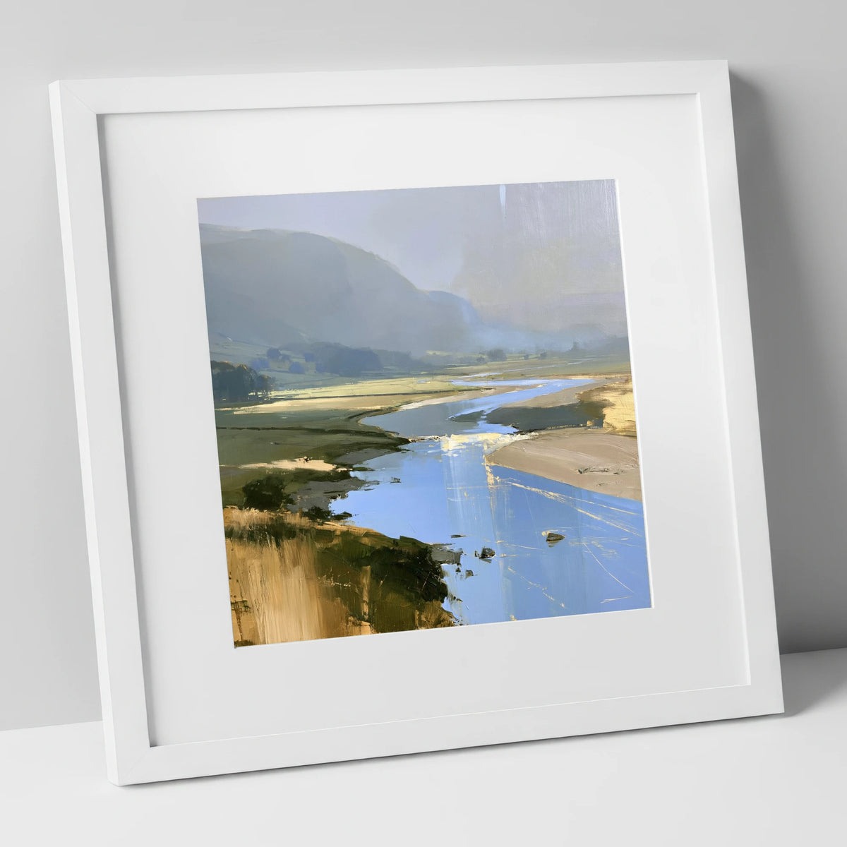 Winding River and Hazy Fells lake district waterfall art print in white frame