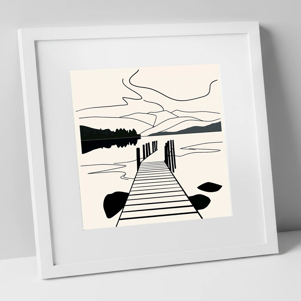 Minimalist Waterhead Jetty Ambleside lake district village art print in white frame