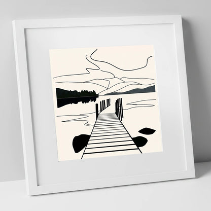 Minimalist Waterhead Jetty Ambleside lake district village art print in white frame