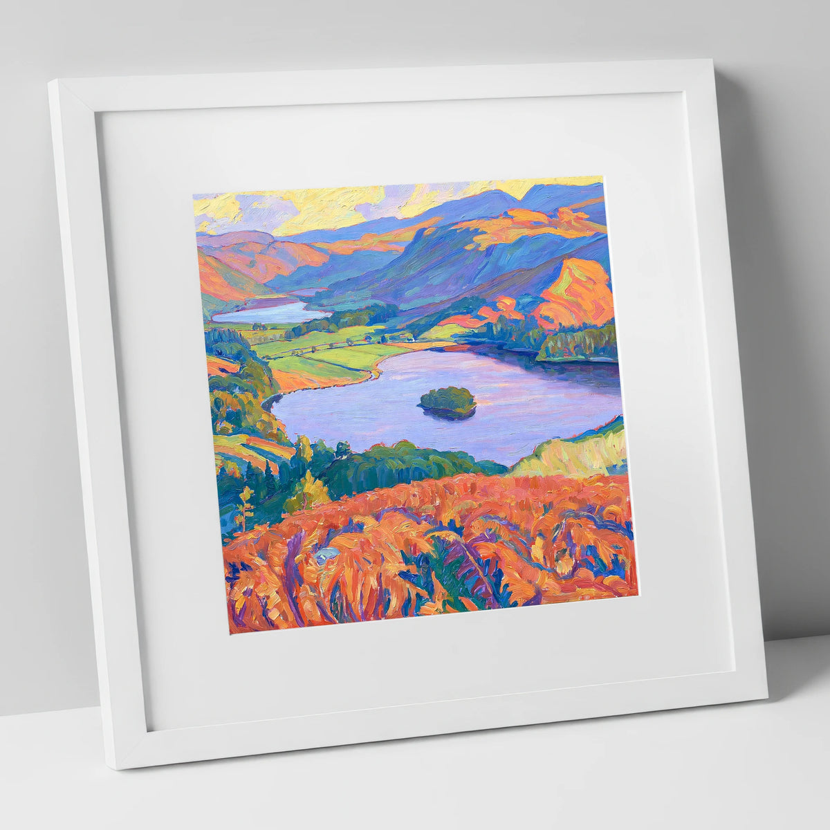 Vibrant Bracken Over Grasmere lake district lake art print in white frame