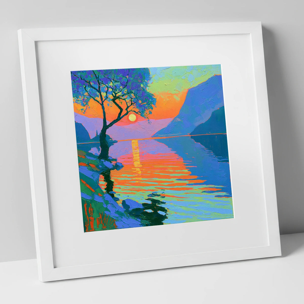 Radiant Sunset Over Lake Water lake district lake art print in white frame