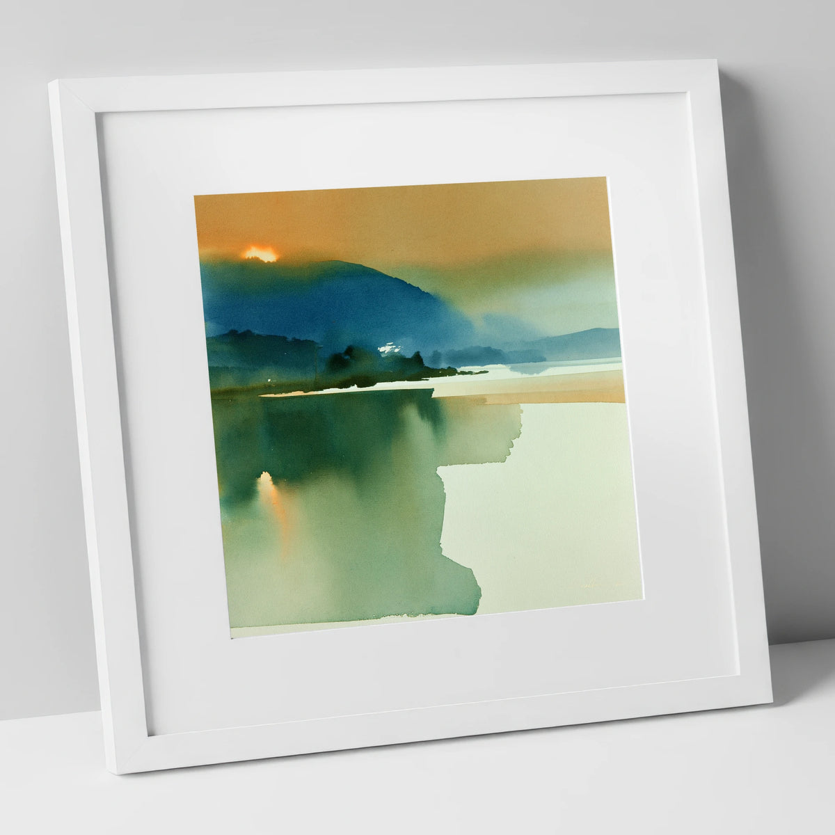 Teal and Gold Lake Sunset lake district lake art print in white frame