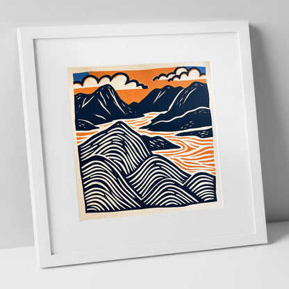 Mountain Summit in Navy and Orange lake district fell art print in white frame