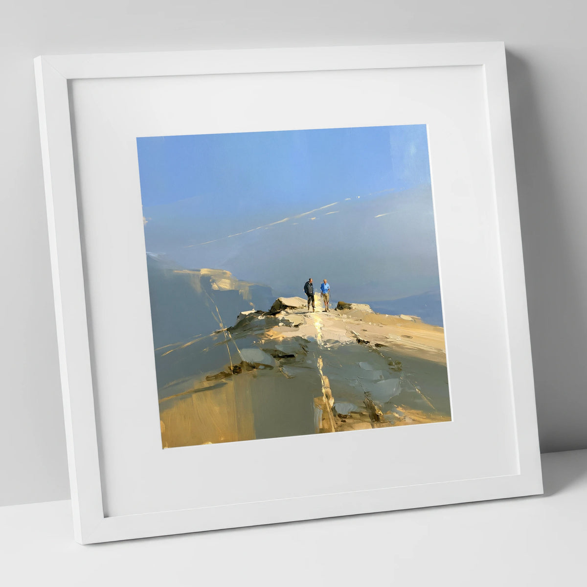 Walkers on a Sunlit Ridge lake district walking art print in white frame