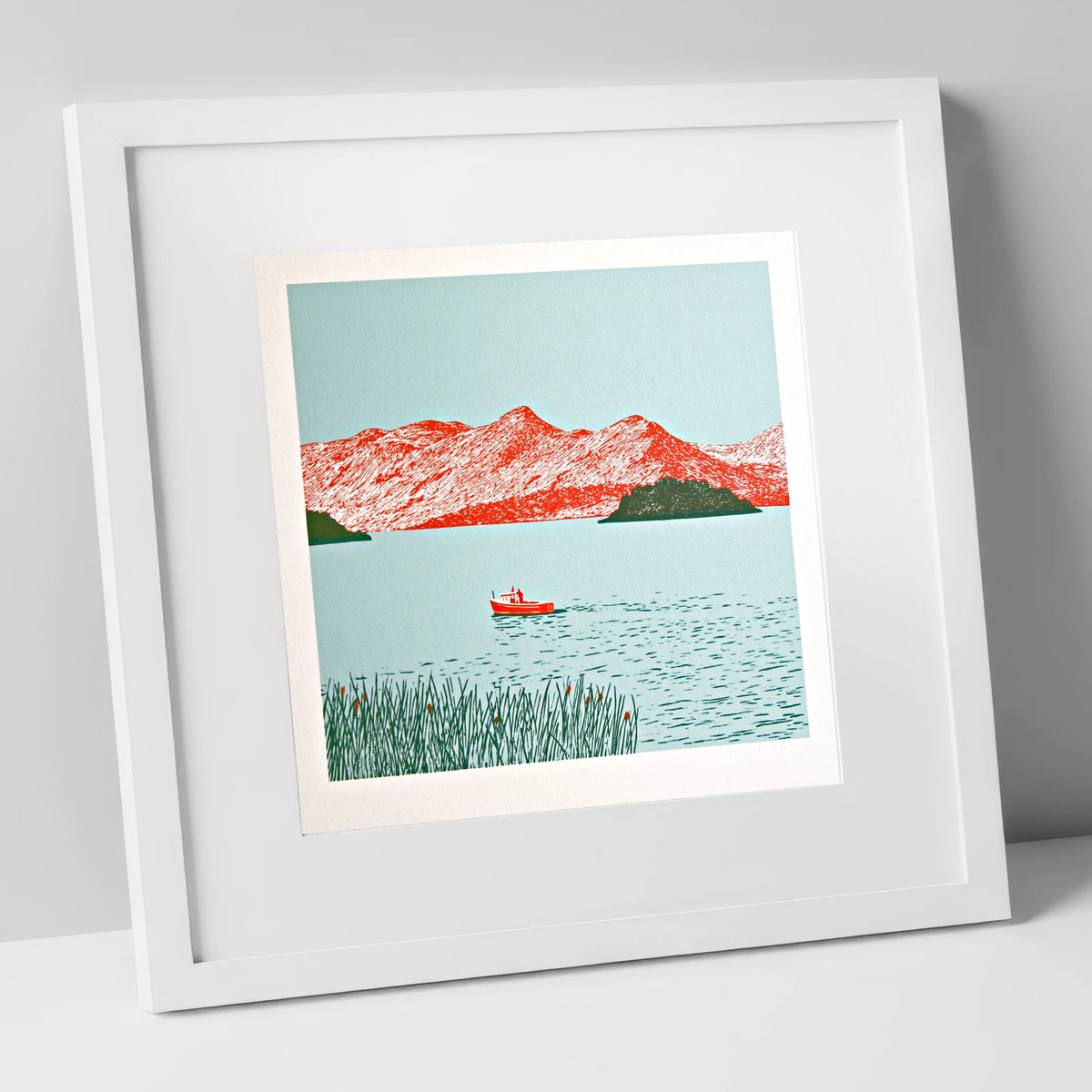 Derwentwater Fells in Vivid Red lake district lake art print in white frame