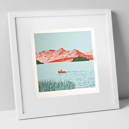Derwentwater Fells in Vivid Red lake district lake art print in white frame