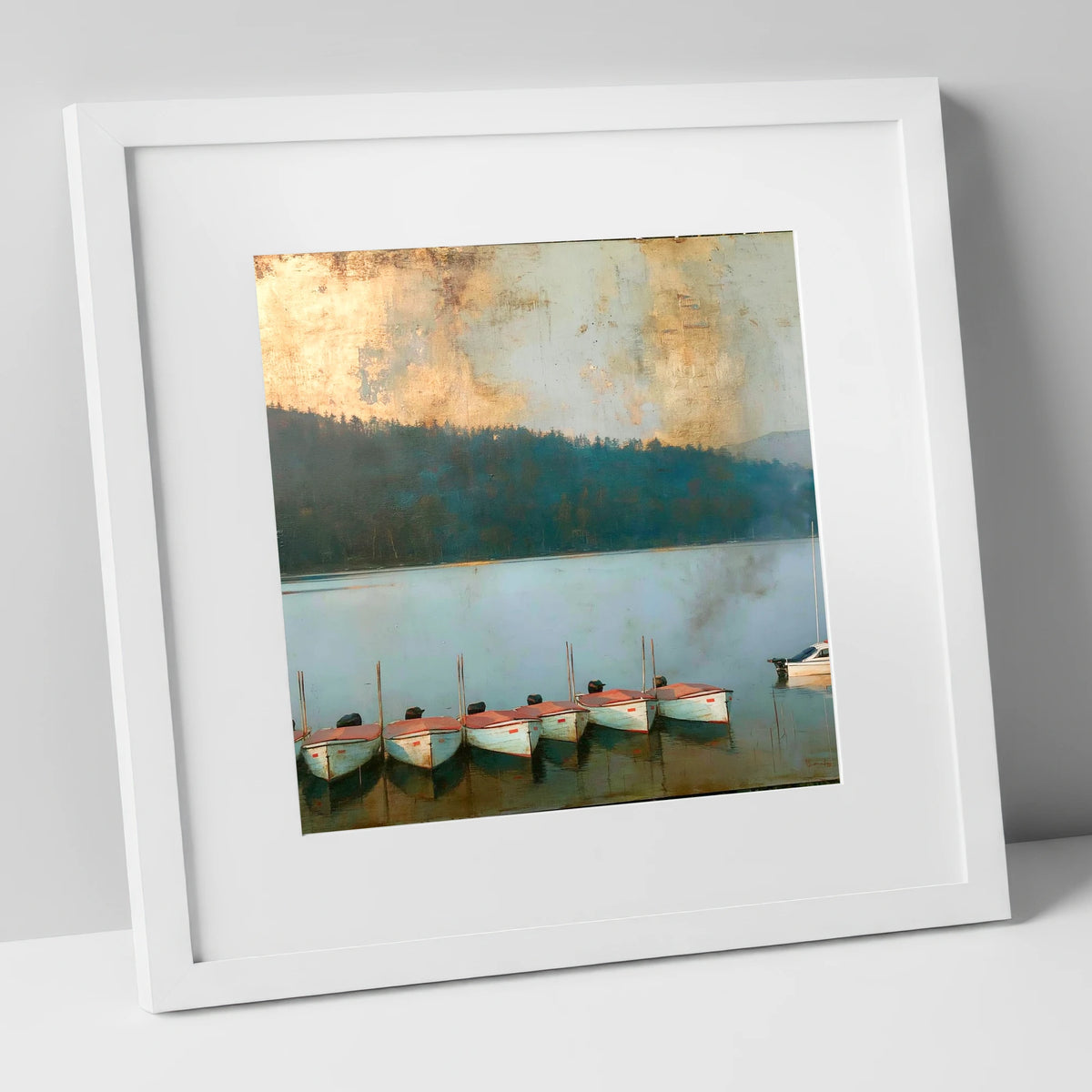 Windermere Boats Under Gold Skies lake district lake art print in white frame