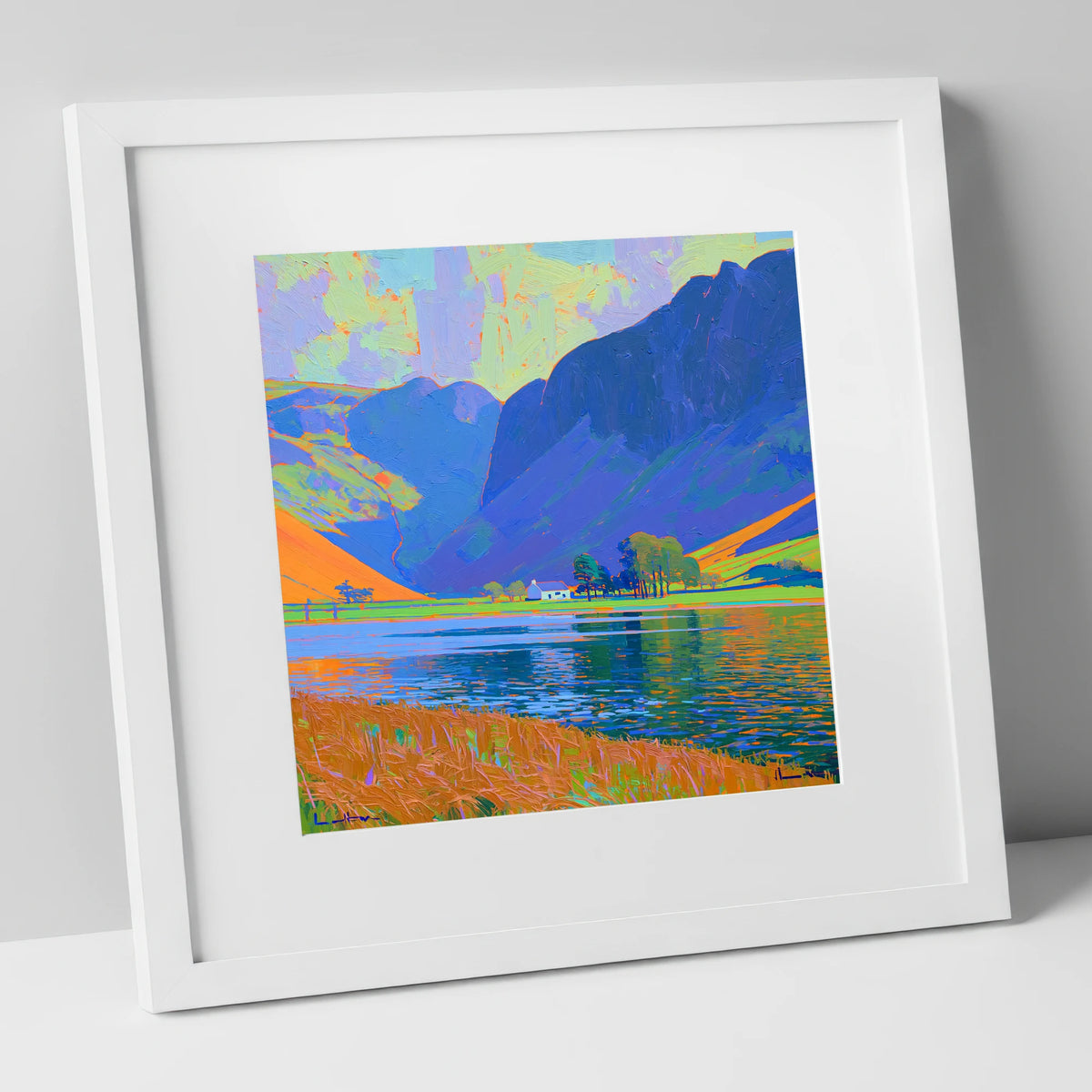 Vibrant Buttermere and White Cottage lake district lake art print in white frame