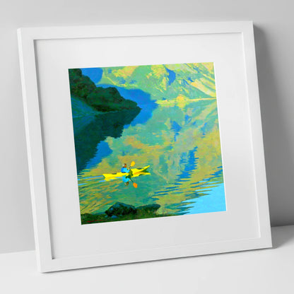 Yellow Kayak on Reflecting Fells lake district walking art print in white frame