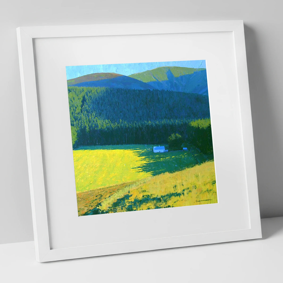 Sunlit Farm Under Whinlatter Forest lake district fell art print in white frame