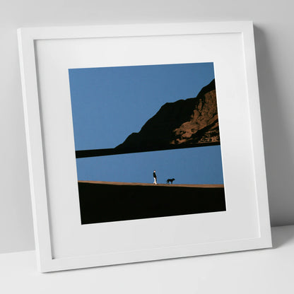 Silhouetted Dog Walker at Ennerdale Water gifts for dog walkers art print in white frame