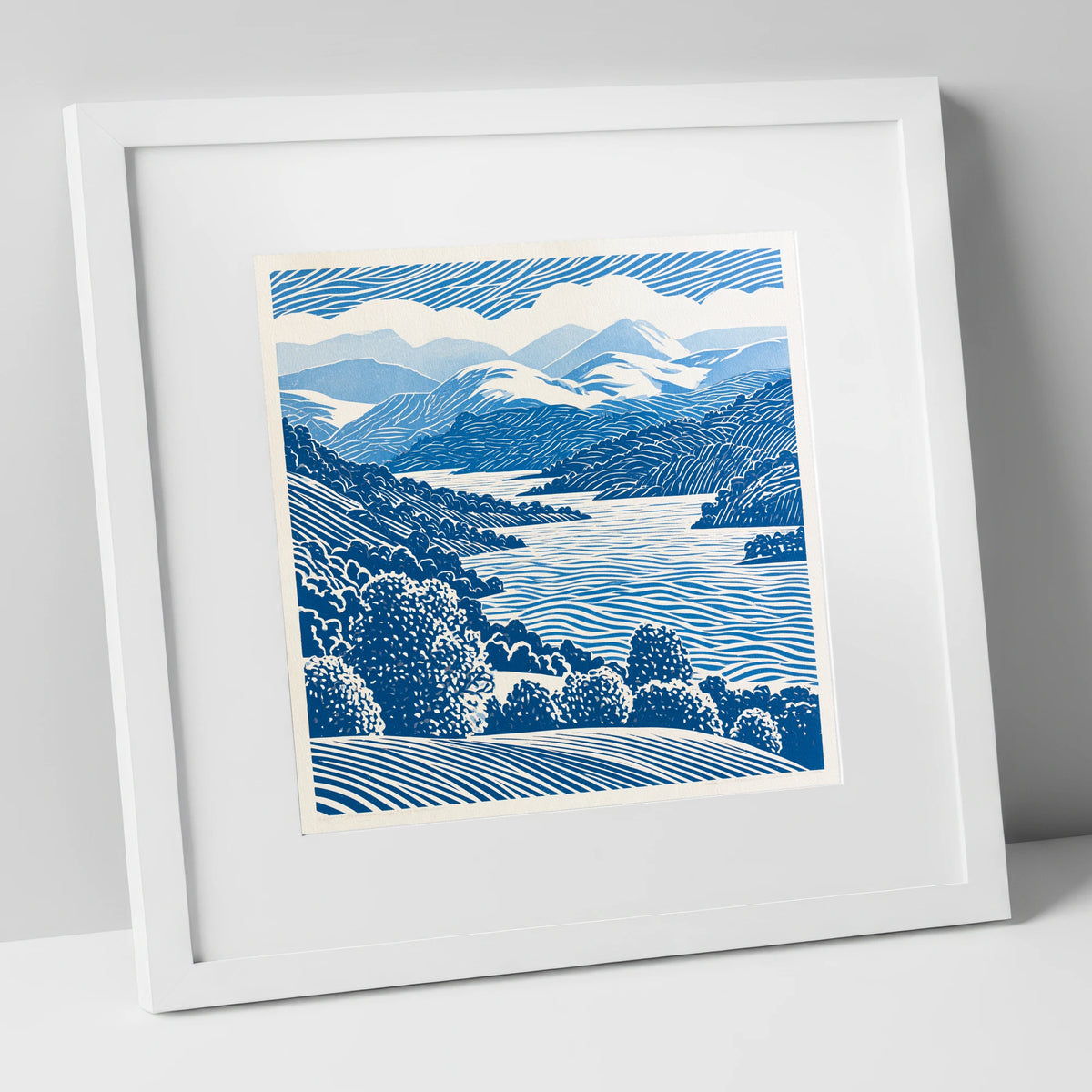 Coniston Water in Cobalt Blue lake district lake art print in white frame