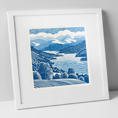 Coniston Water in Cobalt Blue lake district lake art print in white frame