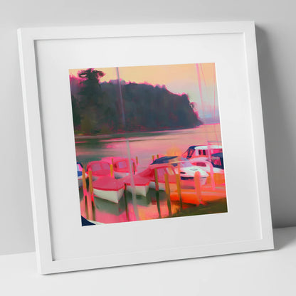 Neon Sunset Over Windermere Boats lake district lake art print in white frame