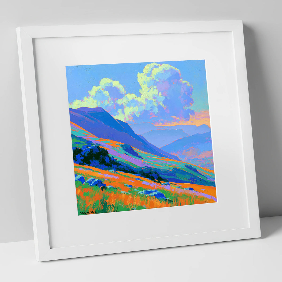 Vibrant Rolling Fells Under Cloud lake district fell art print in white frame