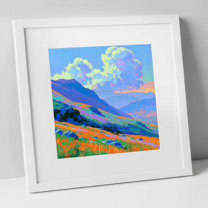 Vibrant Rolling Fells Under Cloud lake district fell art print in white frame