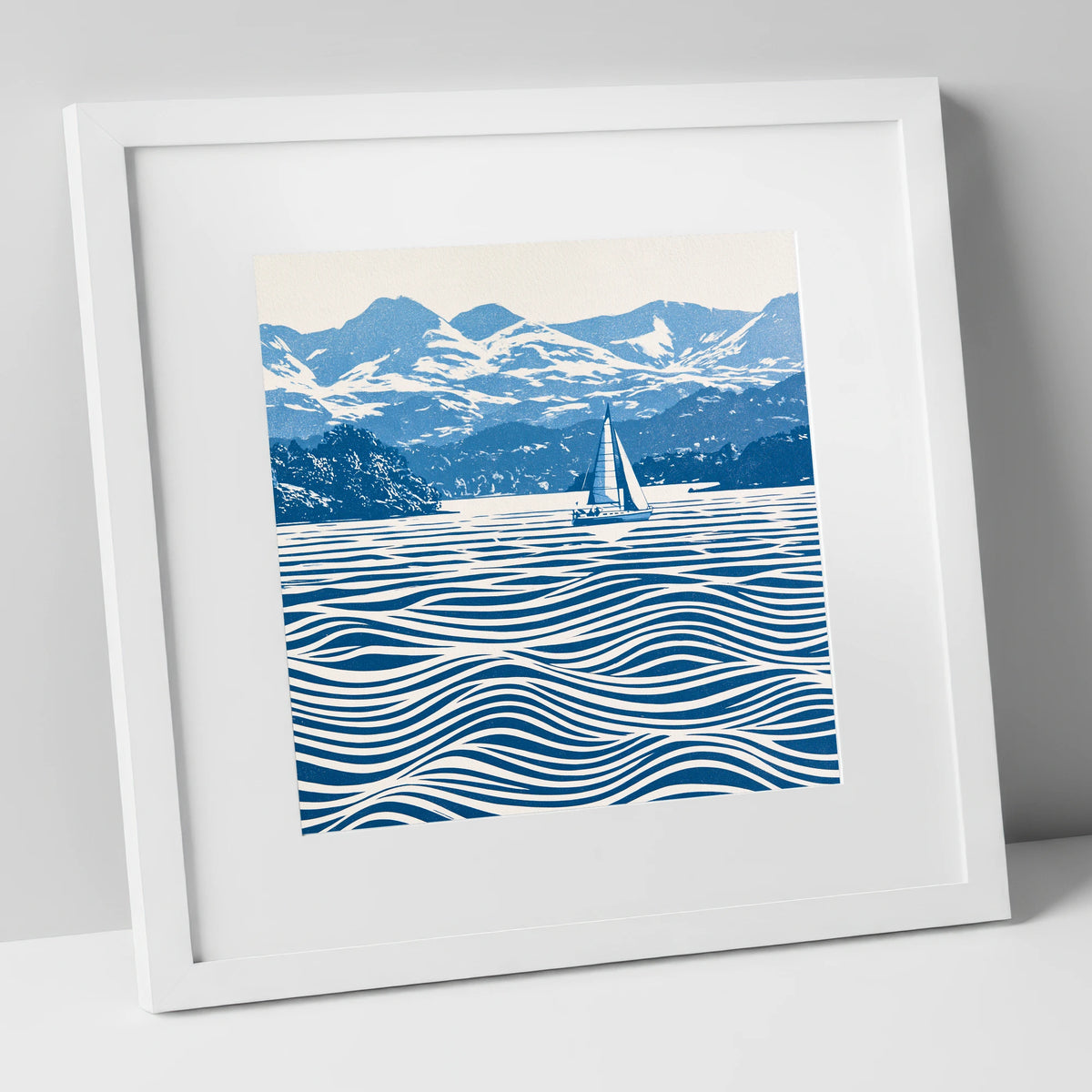 Windermere Sailboat in Cobalt Blue lake district lake art print in white frame