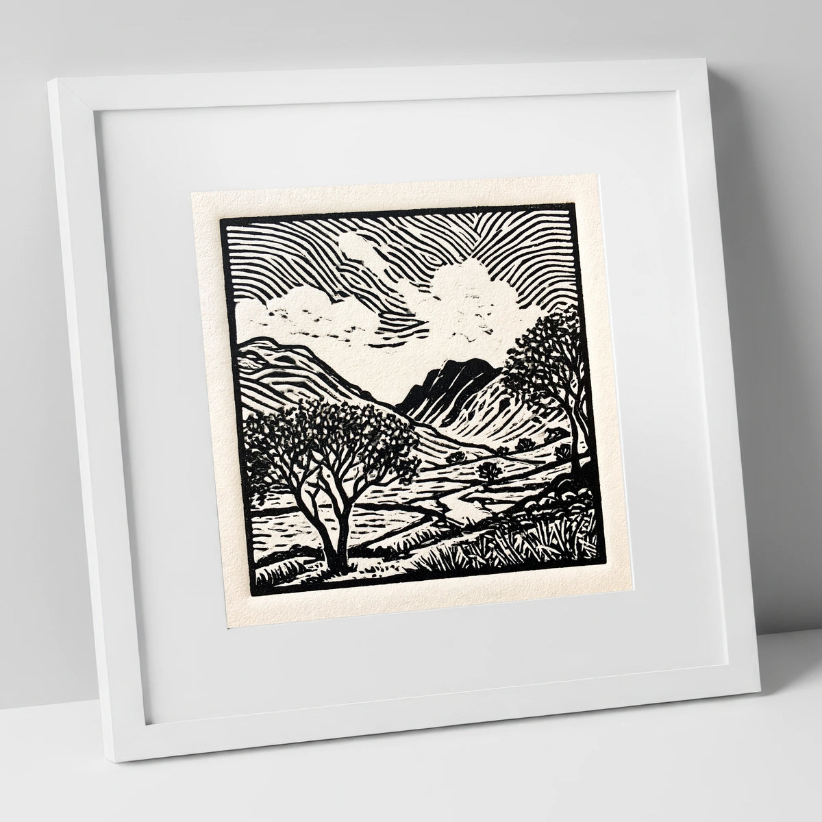 Black and White Eskdale Valley lake district valley art print in white frame