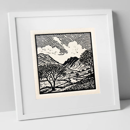 Black and White Eskdale Valley lake district valley art print in white frame
