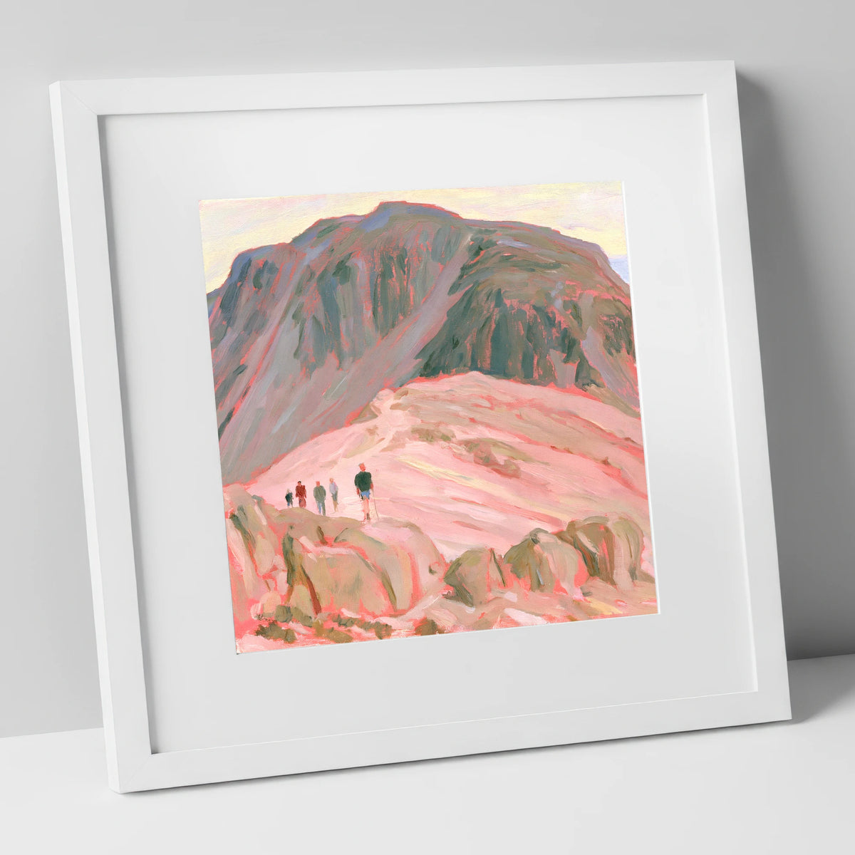 Fell Walkers in Pastel Pink lake district fell art print in white frame