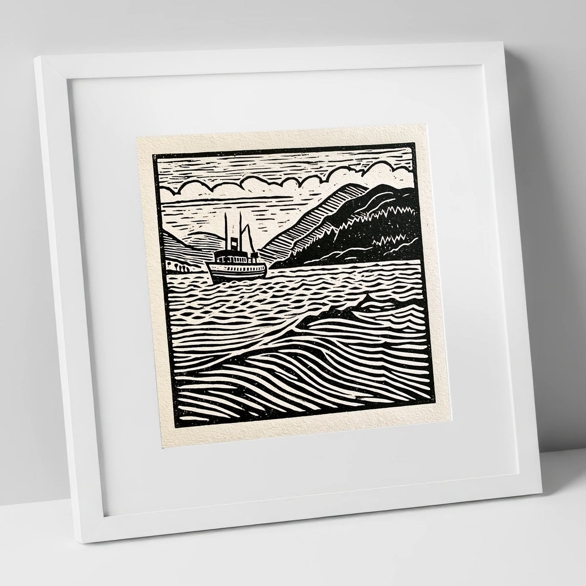 Monochrome Steamer on Ullswater lake district lake art print in white frame
