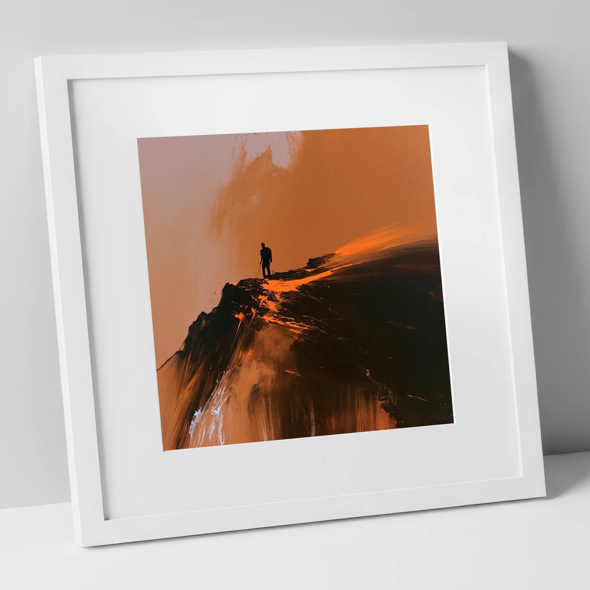 Helvellyn Walker in Amber Light lake district walking art print in white frame