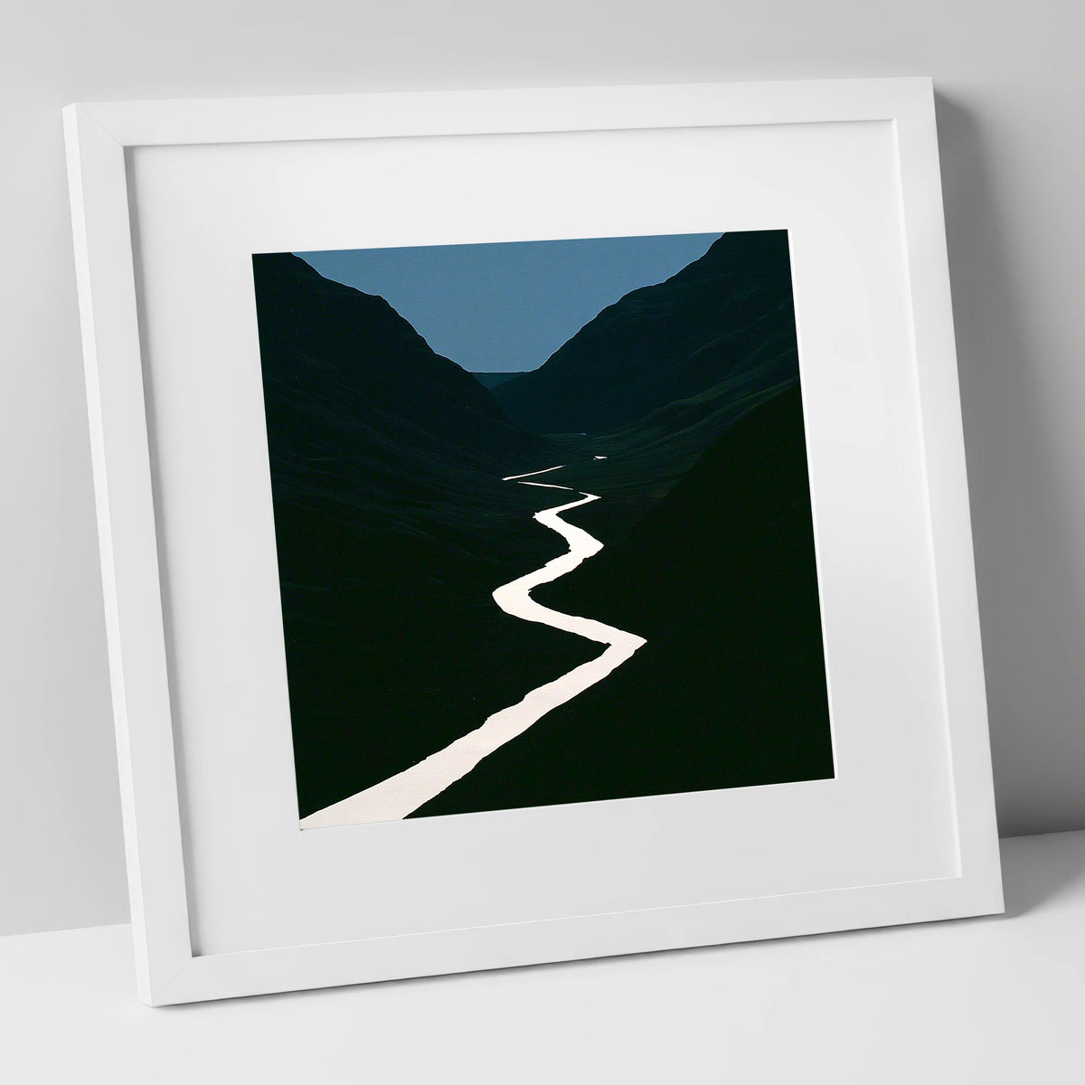 Silver River in Shadowed Valley lake district waterfall art print in white frame