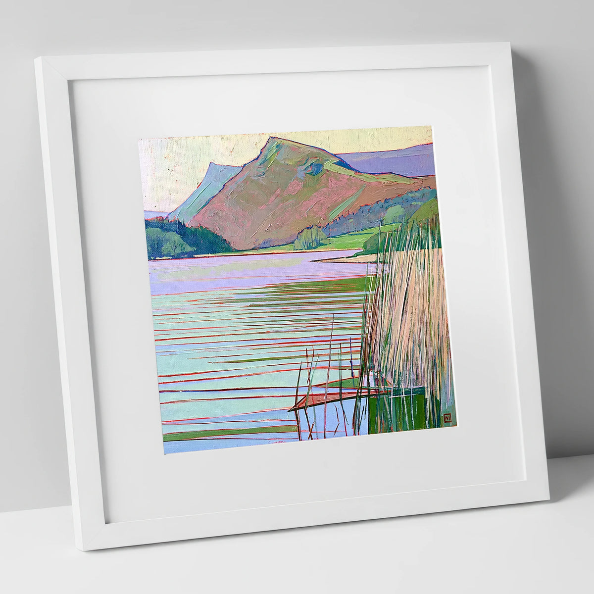 Grasmere Lake In Pastel Tones lake district lake art print in white frame