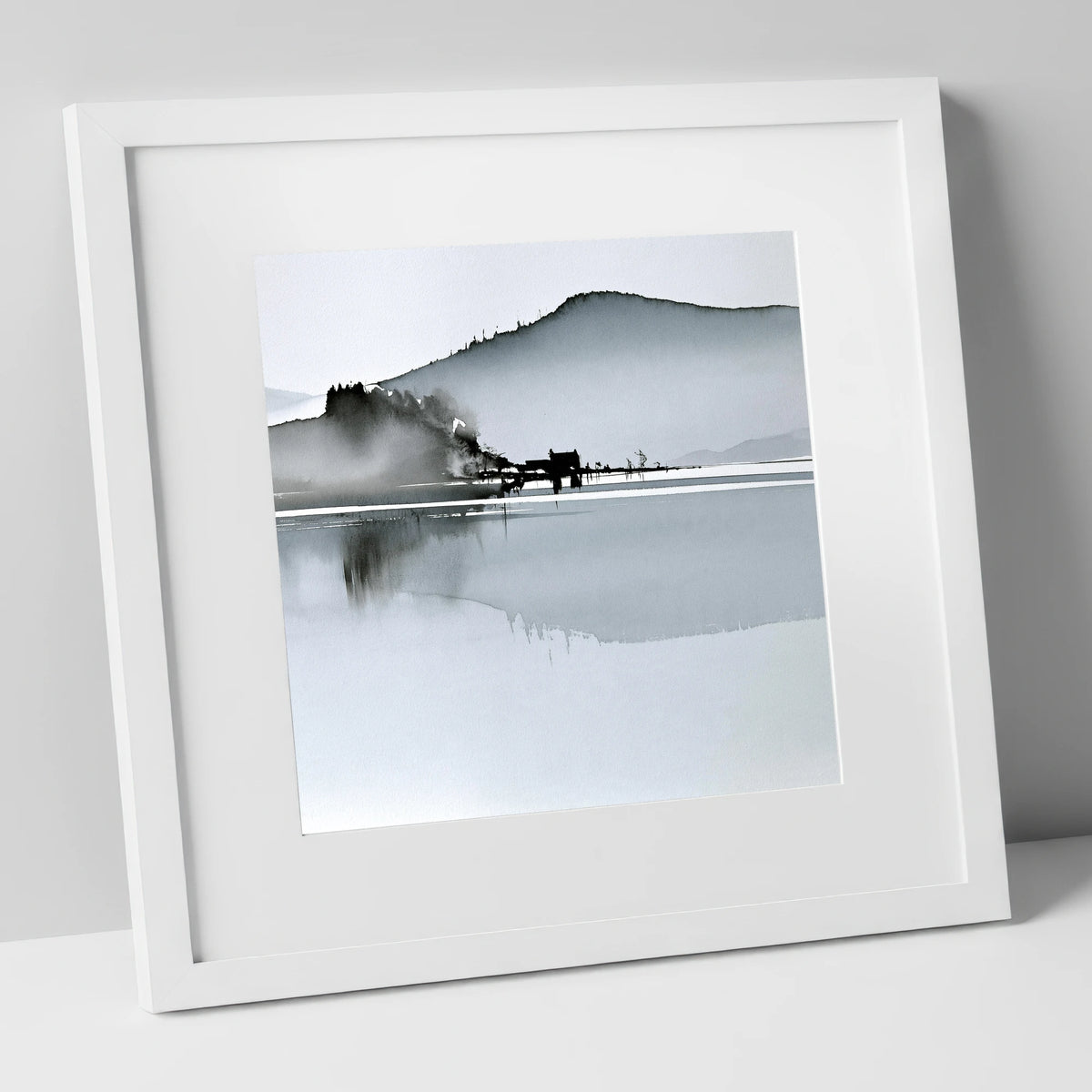 Monochrome Calm Lake Reflections lake district lake art print in white frame