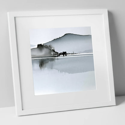 Monochrome Calm Lake Reflections lake district lake art print in white frame