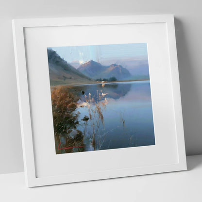 Still Reflections at Loweswater lake district lake art print in white frame
