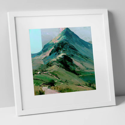 Bold Green Lake District Mountain lake district fell art print in white frame
