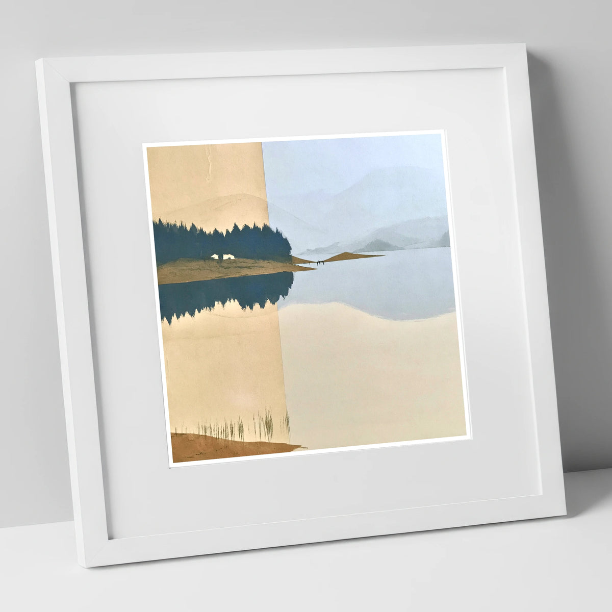 Slate Blue Lake Dawn Reflection lake district lake art print in white frame