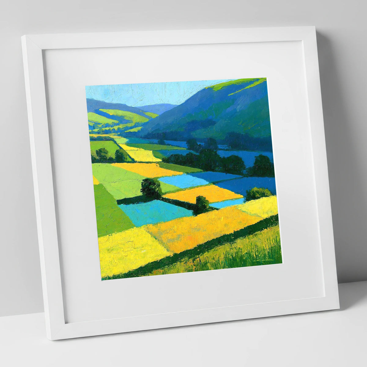 Cobalt And Yellow Dale Fields lake district valley art print in white frame