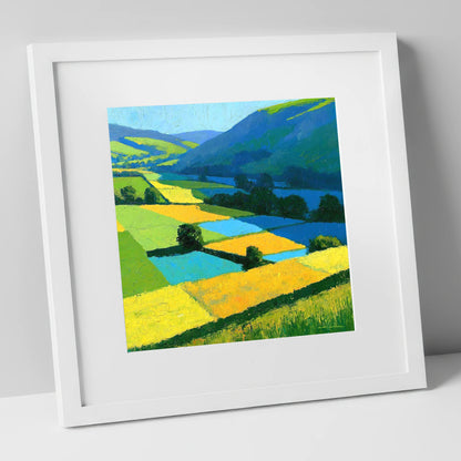 Cobalt And Yellow Dale Fields lake district valley art print in white frame