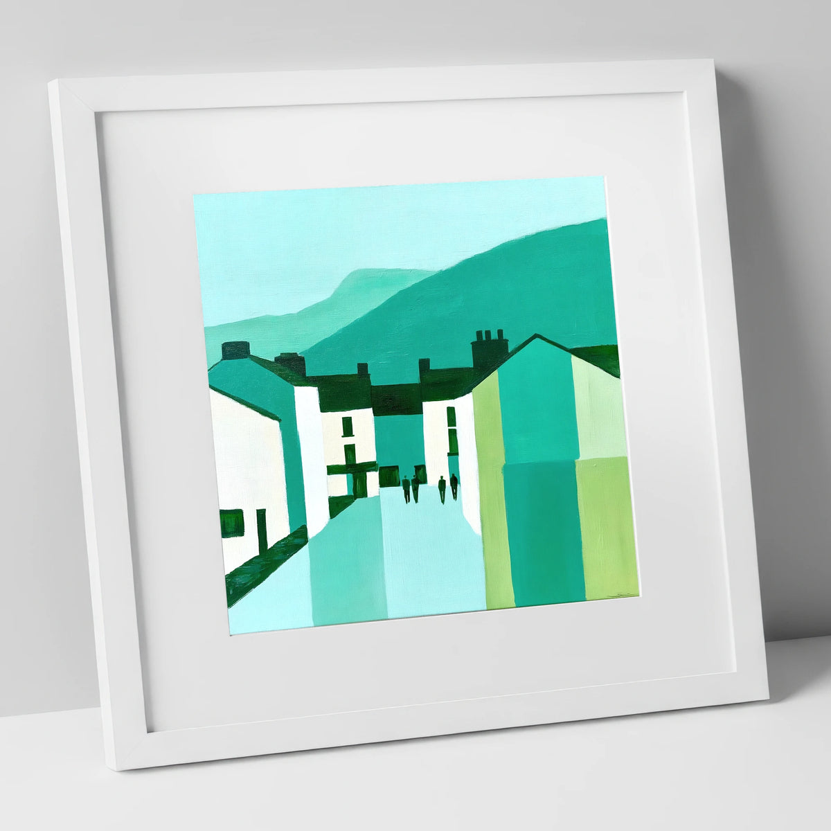 Teal Ambleside Street Scene lake district village art print in white frame