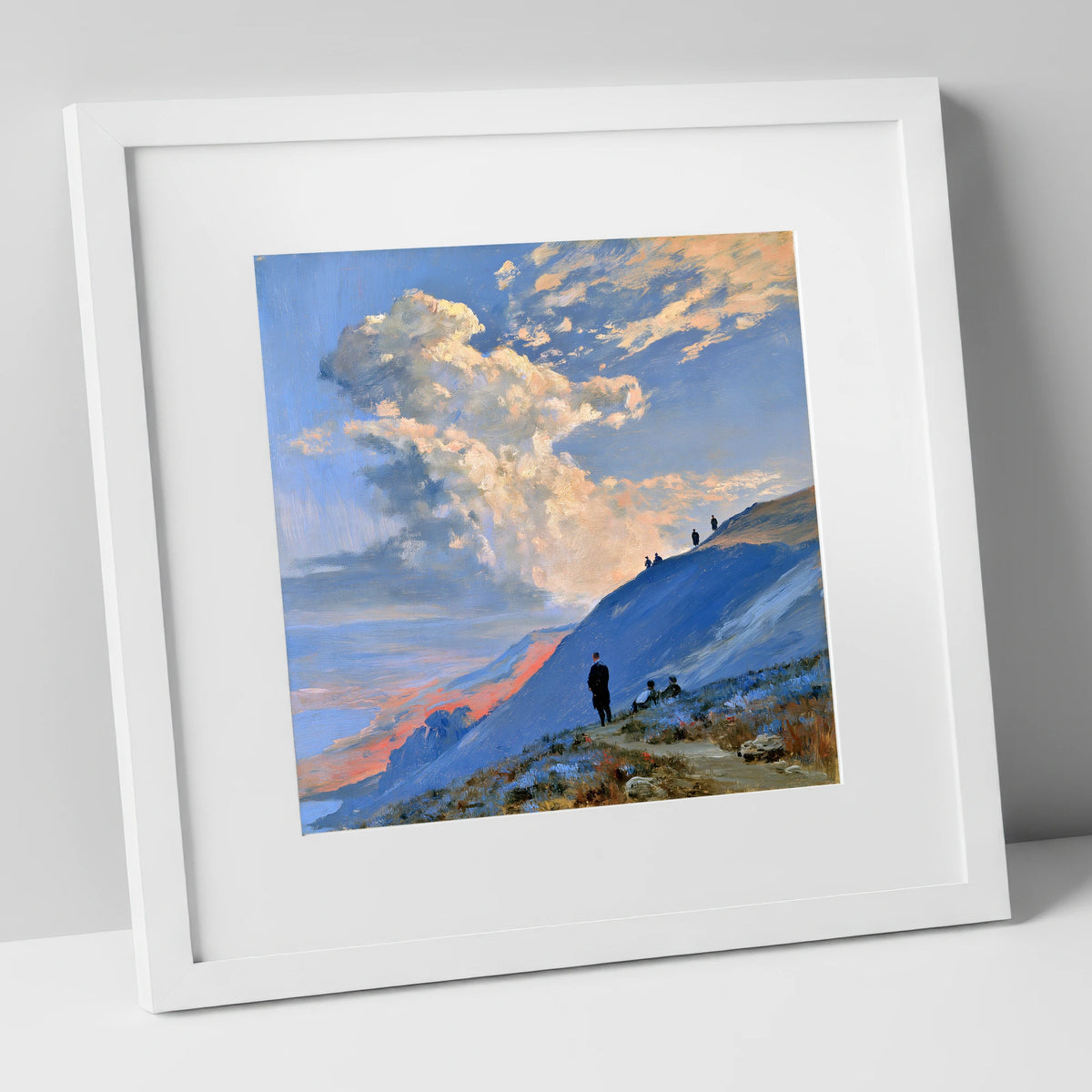 Fell Hikers Under Sunlit Clouds lake district fell art print in white frame