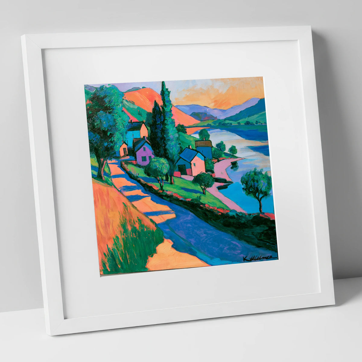Vibrant Lakeside Village at Sunset lake district village art print in white frame