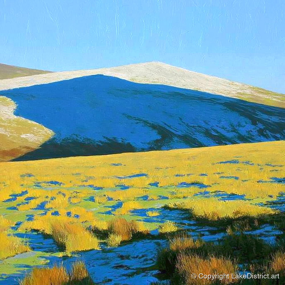 Frosted Knott Above Sunlit Moorland - lake district fell art print and canvas by Daphne Morley A.I