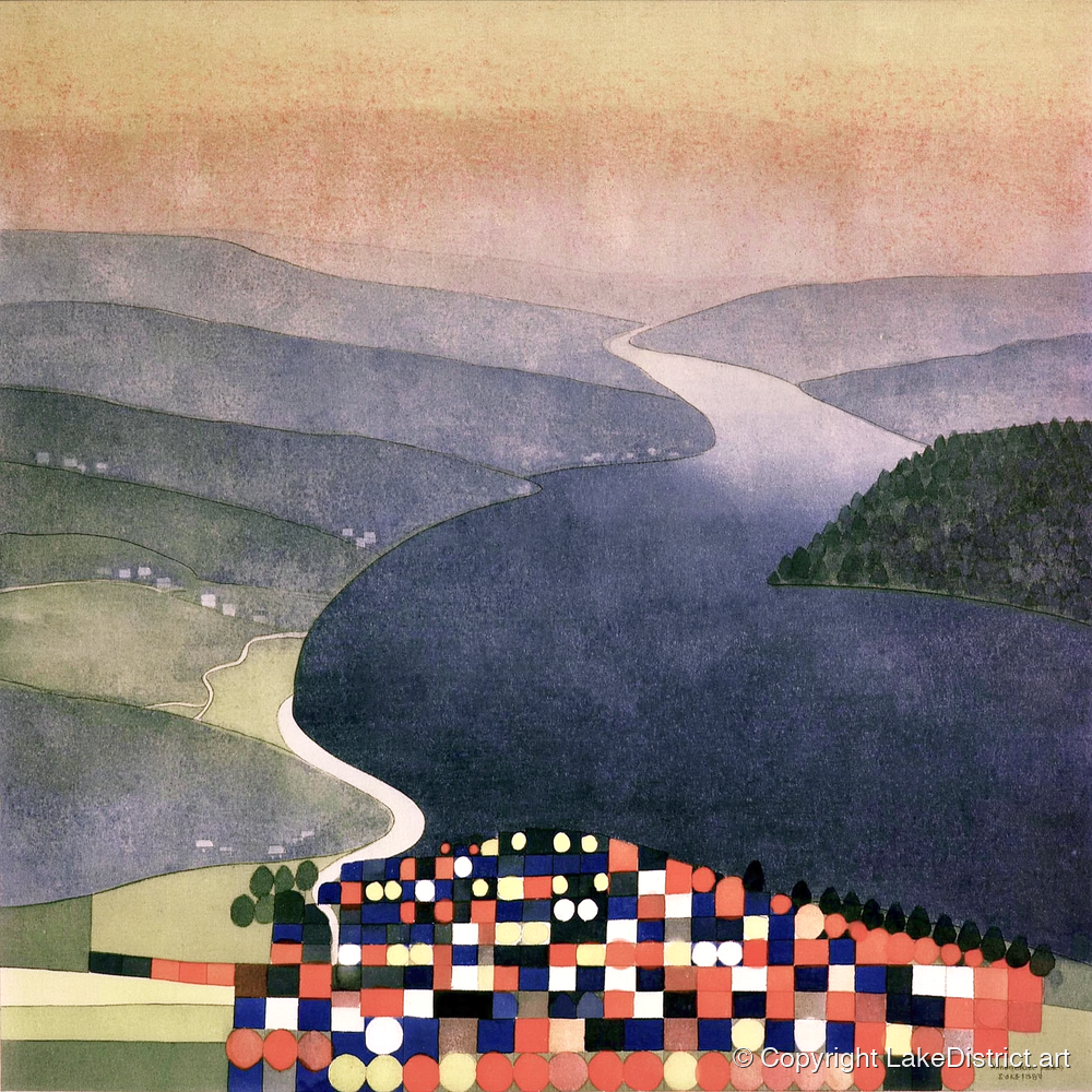 Geometric Ambleside and Indigo Waters - lake district village art print and canvas by Edwin Locke A.I