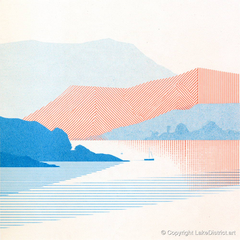 Geometric Coniston Water Fells - lake district lake art print and canvas by Elliot Reid A.I