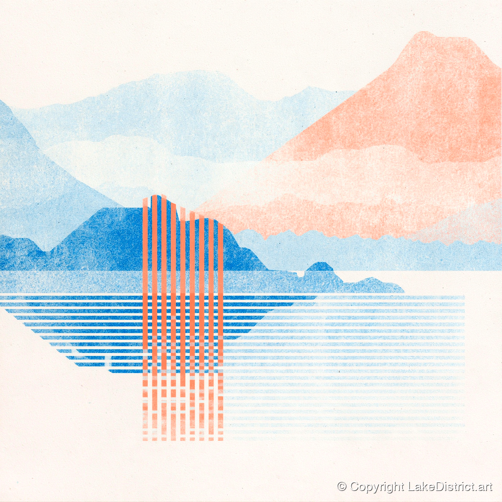 Geometric Derwentwater in Coral and Blue - lake district lake art print and canvas by Elliot Reid A.I