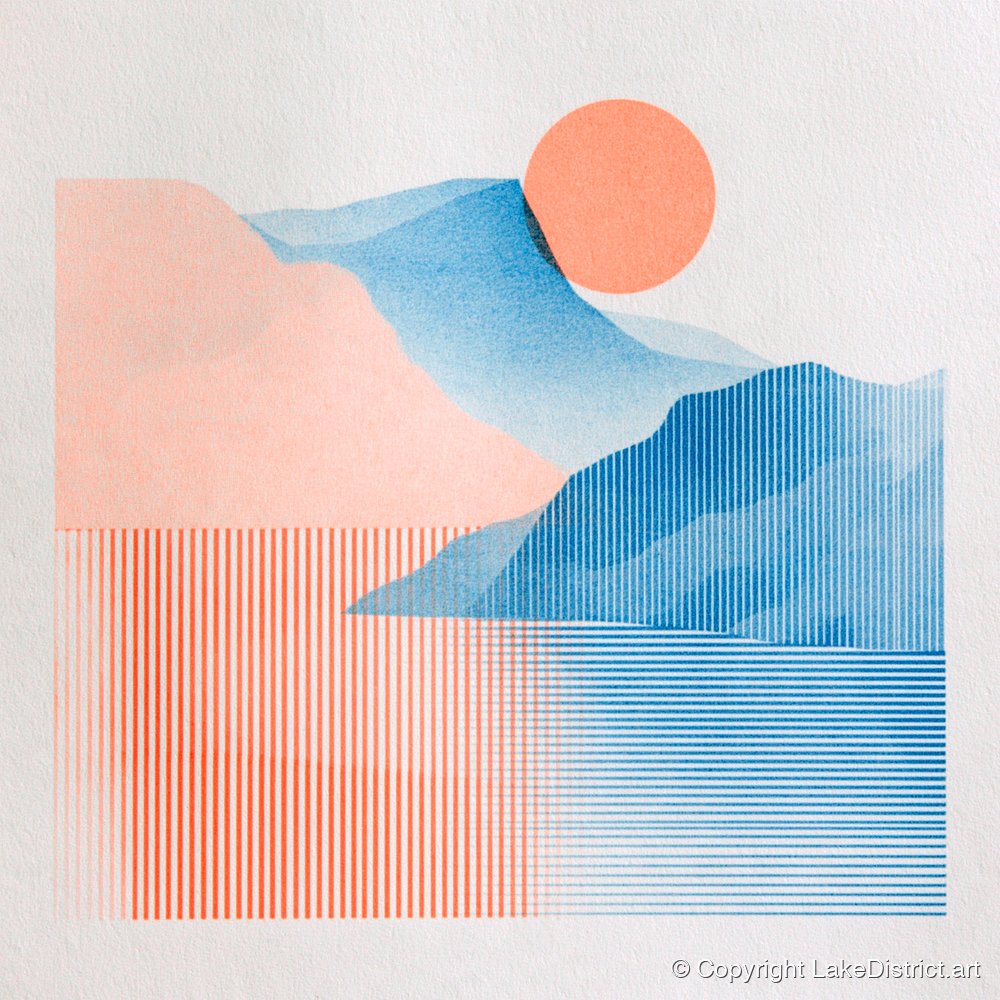 Geometric Derwentwater Sunrise - lake district lake art print and canvas by Elliot Reid A.I