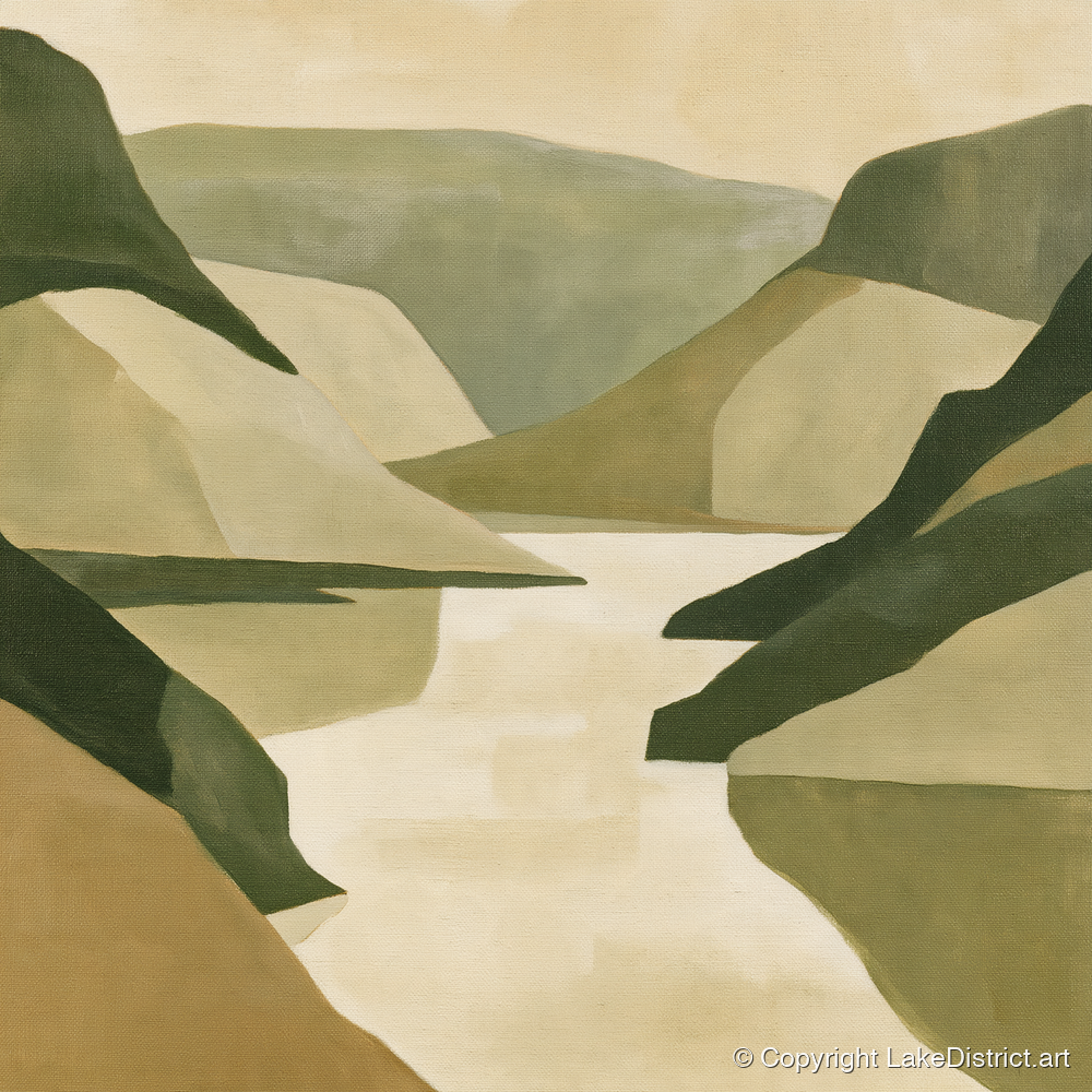 Geometric Fells and Pale Lake - lake district lake art print and canvas by Felix Atwood A.I