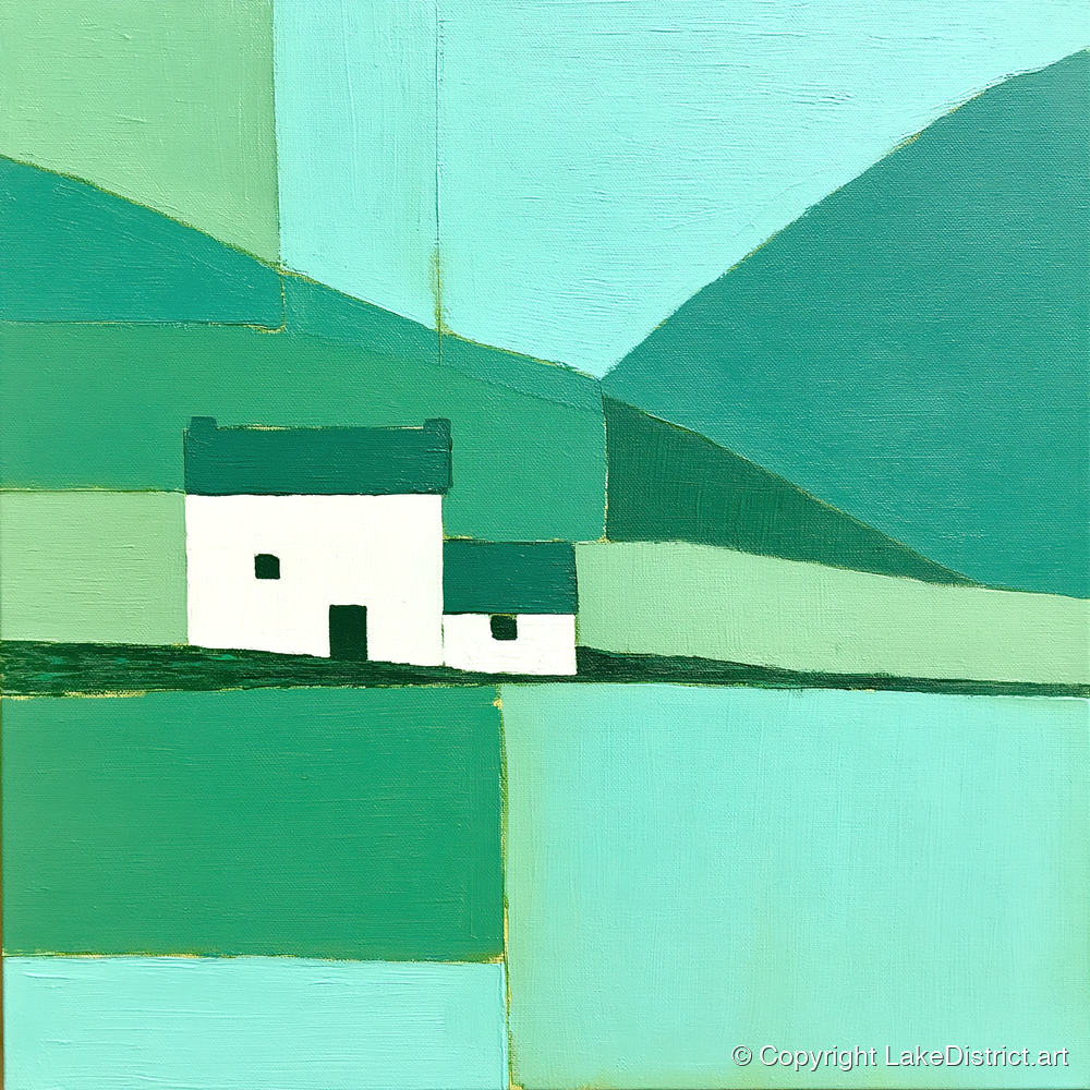 Geometric Grasmere Cottage and Fells - lake district lake art print and canvas by Sebastian Finch A.I
