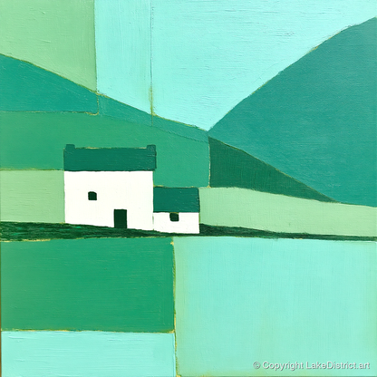 Geometric Grasmere Cottage and Fells - lake district lake art print and canvas by Sebastian Finch A.I